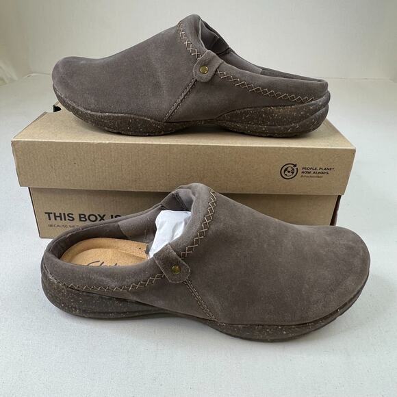 Clarks Womens Roseville Echo Sandals Dark Taupe Suede Slip-On Clogs Sz 11M NEW - Picture 1 of 10